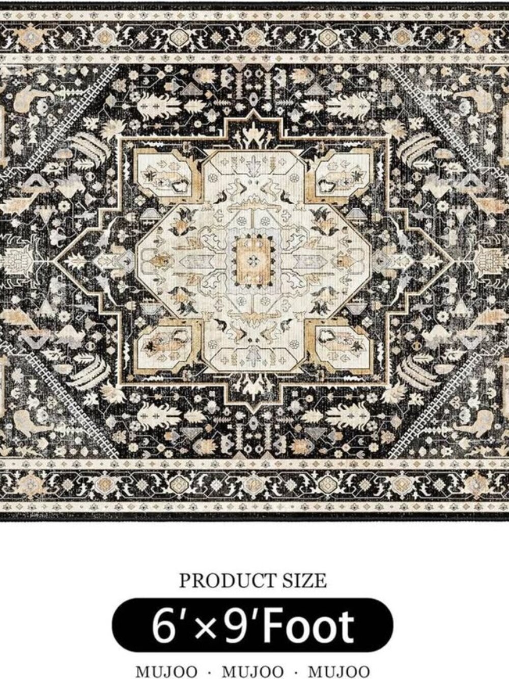 BRAND NEW MUJOO COZY soft RUG 6' x 9' feet WASHABLE, NON-SLIP - black & gold